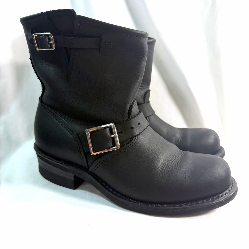 Women's 8.5 M FRYE 701 Leather Engineer Short Boots Black Moto Biker Buckle - Picture 6 of 13
